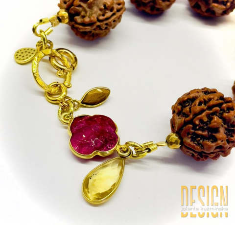 Bransoletka z rudraksha i srebra złoconego 24k złotem Bransoletka z rudraksha i srebra złoconego 24k złotem