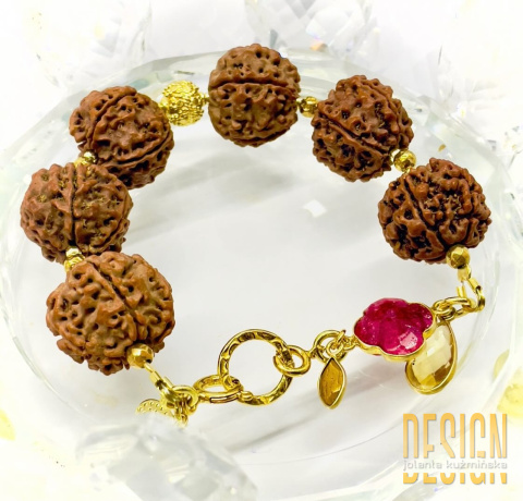 Bransoletka z rudraksha i srebra złoconego 24k złotem Bransoletka z rudraksha i srebra złoconego 24k złotem