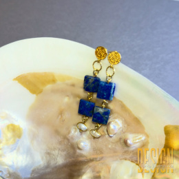 Kolczyki z lapis lazuli i perłą – srebro złocone 24k złotem