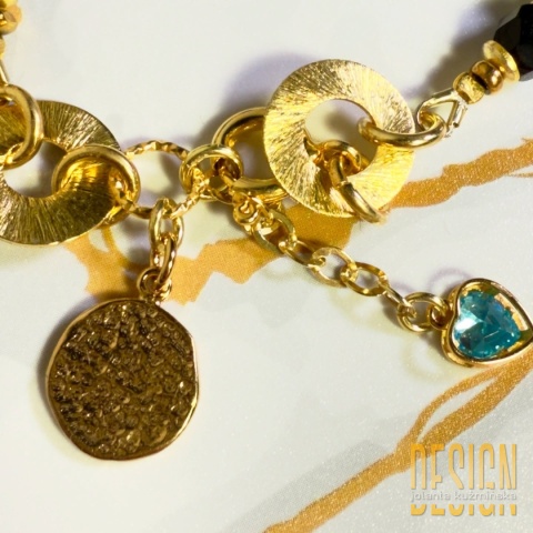 Bransoletka z czarnego agatu z topazem blue – srebro pozłacane 24k